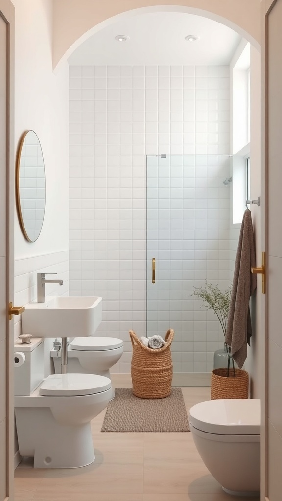 A narrow minimalist bathroom featuring white tiles, a glass shower, and modern fixtures.