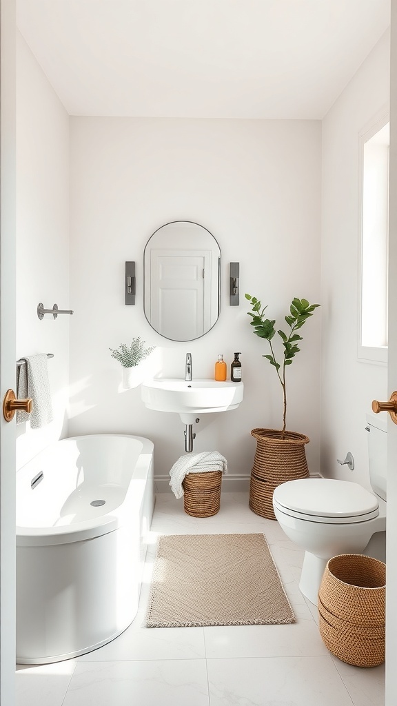 A small half bathroom featuring a white color scheme, round mirror, and minimalistic decor.