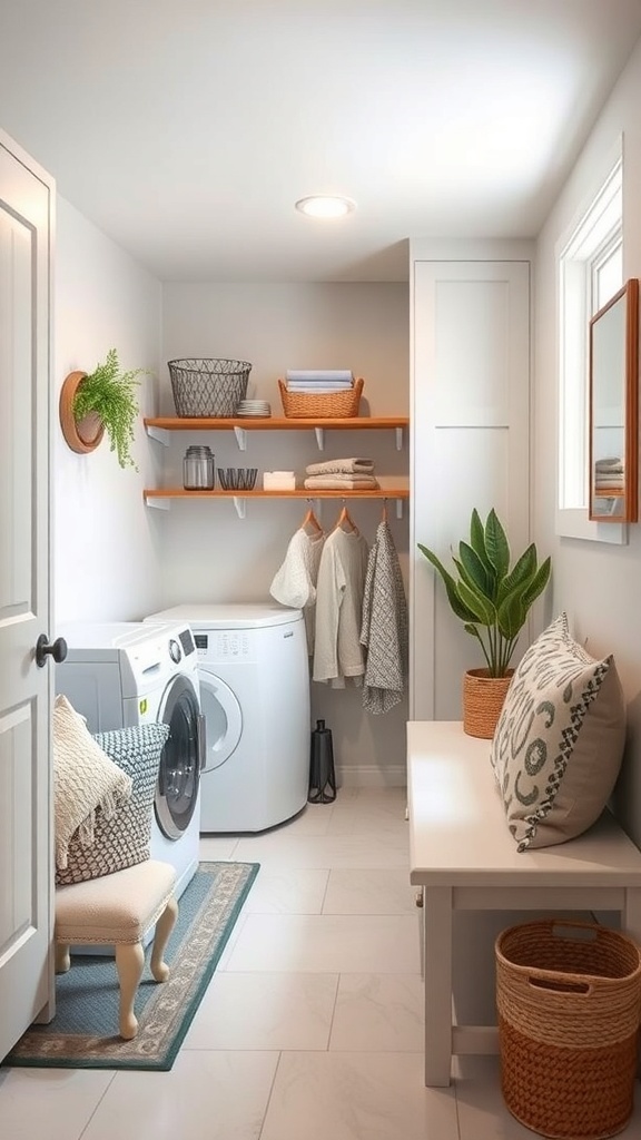 A well-designed basement laundry room featuring a washing machine, dryer, storage shelves, a bench, and decorative elements.