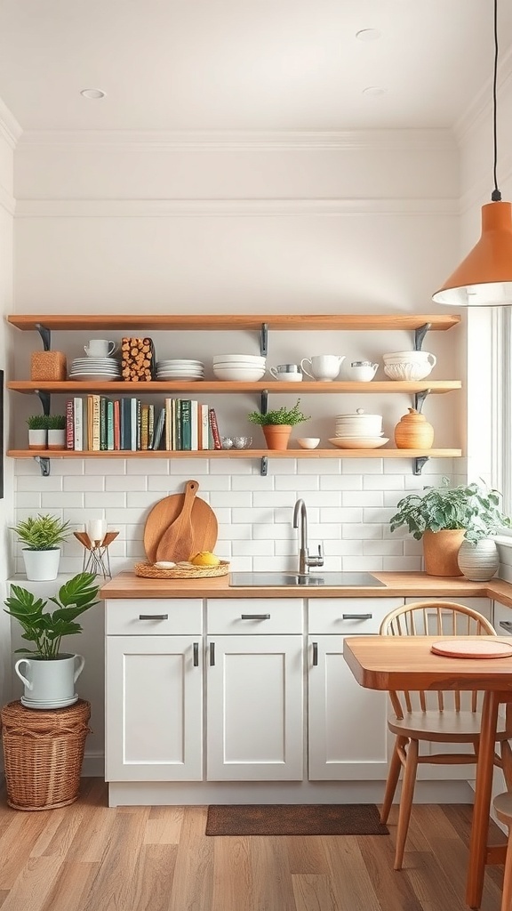 A small kitchen featuring open shelves with dishes, books, and plants, creating a bright and organized space.