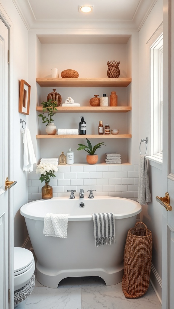 A small master bathroom with open wooden shelving displaying towels, plants, and decorative items.