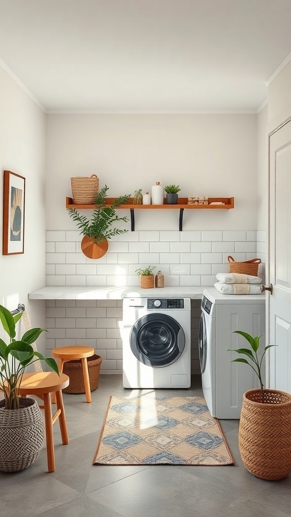 A bright mud room laundry room combo featuring a washer, dryer, wooden shelf, plants, and a cozy rug.