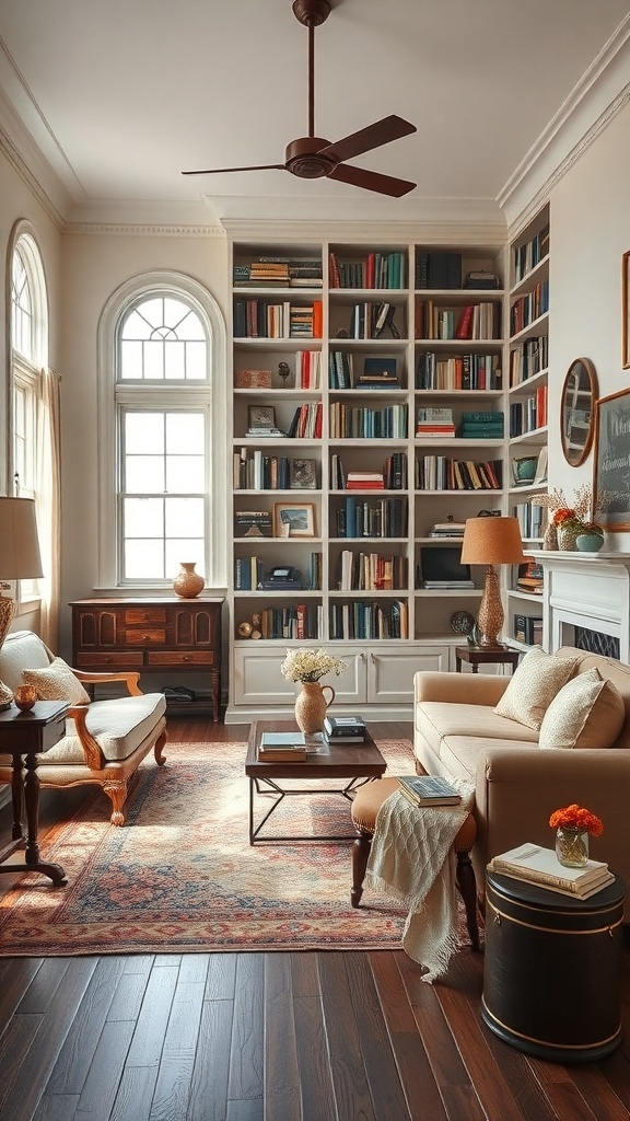 Cozy home library with vintage furniture and bookshelves filled with books.