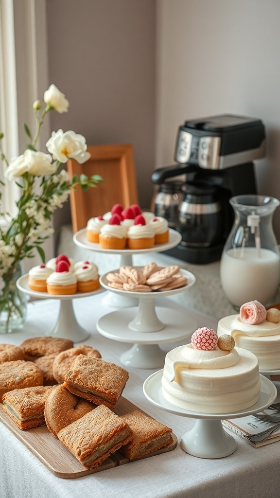 A beautifully arranged coffee bar featuring various desserts including cupcakes and cakes, designed for a bridal shower.