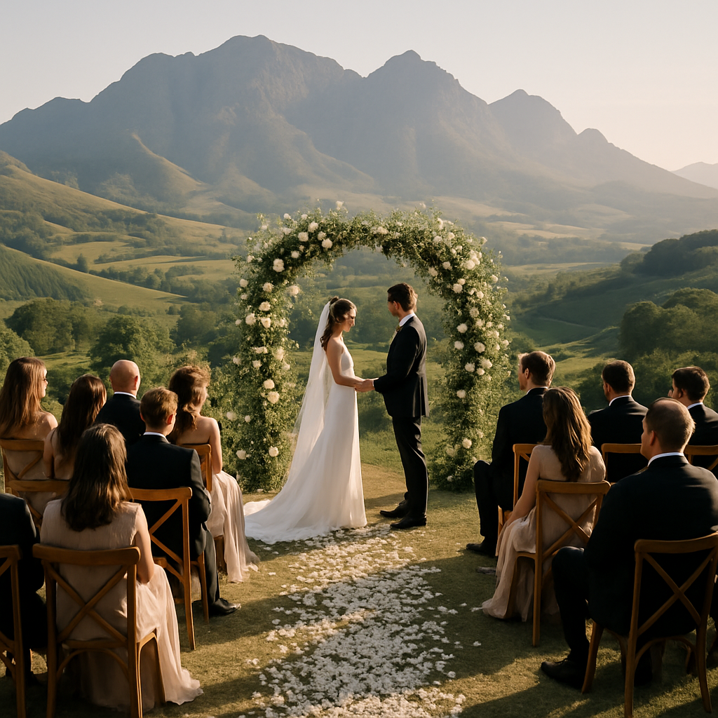 A couple exchanging vows at a scenic outdoor wedding ceremony with mountains in the background.