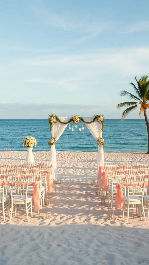 Beautiful beach wedding setup with ceremony arch and chairs by the ocean