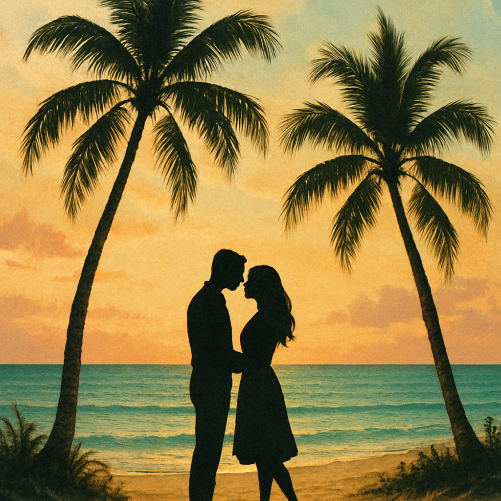 Silhouette of a couple in front of a beach at sunset with palm trees