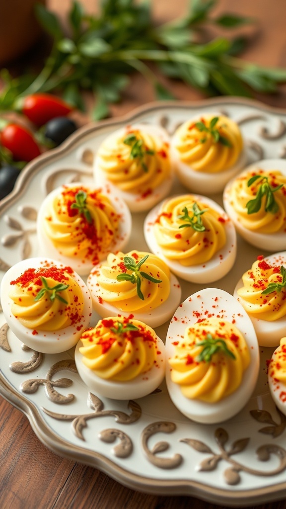 A plate of elegantly presented deviled eggs decorated with paprika and fresh herbs.
