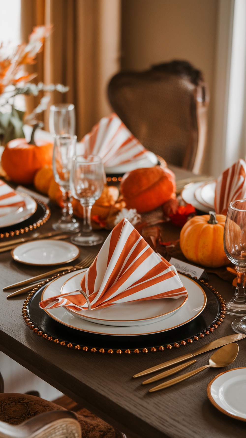 A beautifully set Thanksgiving table featuring diamond folded napkins in orange and white stripes, surrounded by pumpkins and autumn decorations.