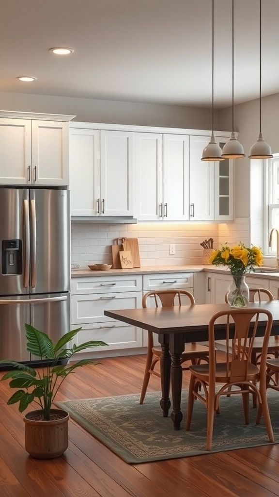 A modern kitchen featuring recessed lights and pendant fixtures, showcasing a bright and inviting atmosphere.