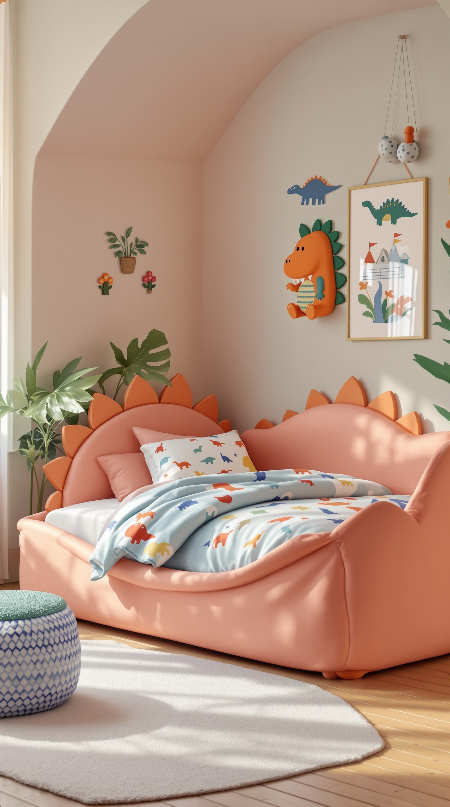 A cozy dinosaur-themed bed with colorful bedding and playful decor in a bright room.