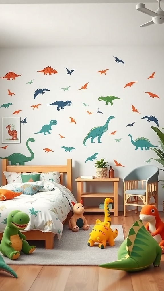 A children's bedroom decorated with dinosaur-themed wall decals and plush toys.