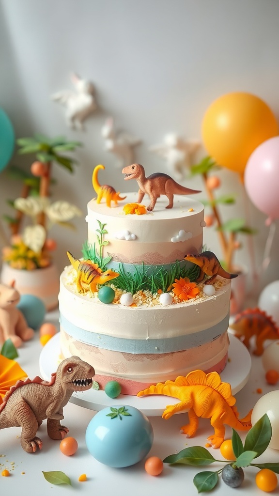A colorful dinosaur-themed cake with figurines and decorations for a baby shower.