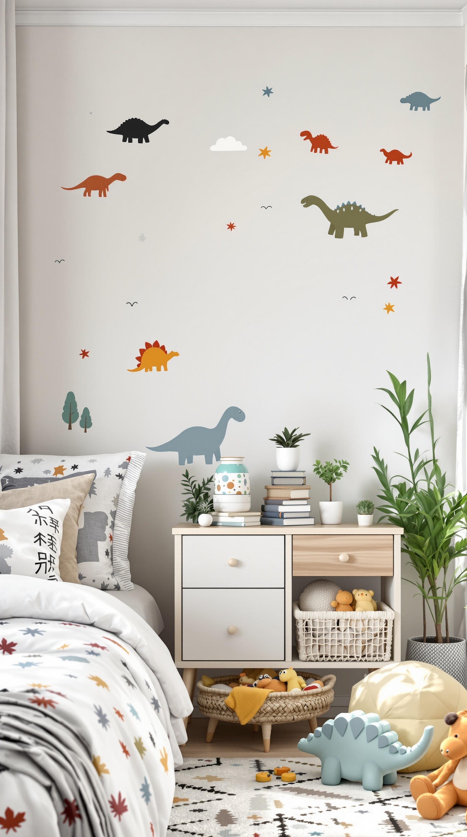 A toddler's room decorated with dinosaur wall decals, colorful bedding, and playful toys.