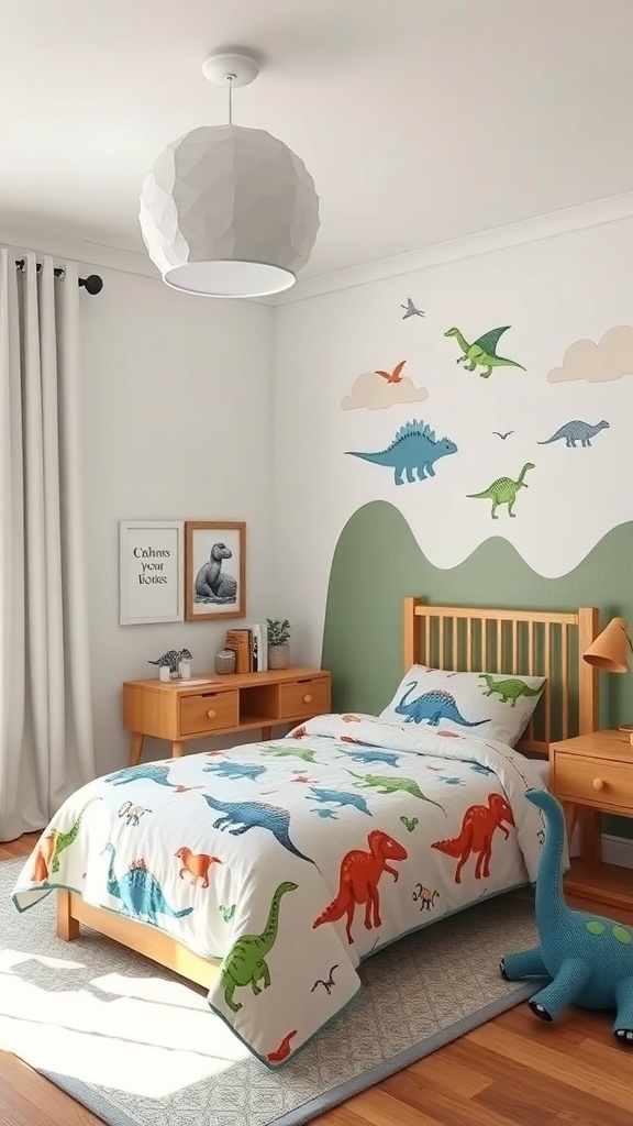 A boy's bedroom designed with a dinosaur theme, featuring colorful dinosaur bedding, wall decals, and wooden furniture.