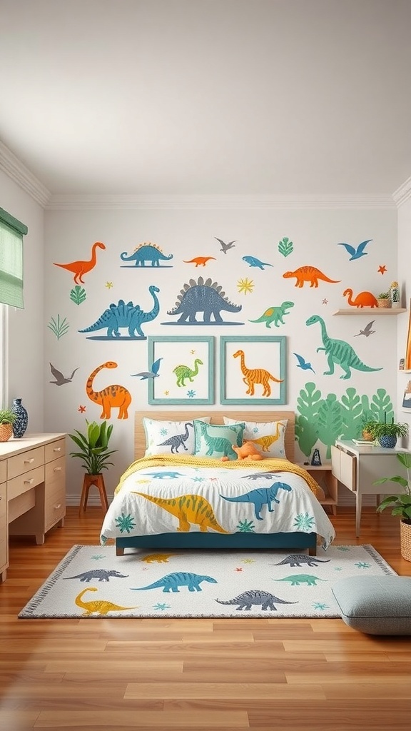A colorful dinosaur-themed boys bedroom with murals, bedding, and a rug featuring dinosaurs.