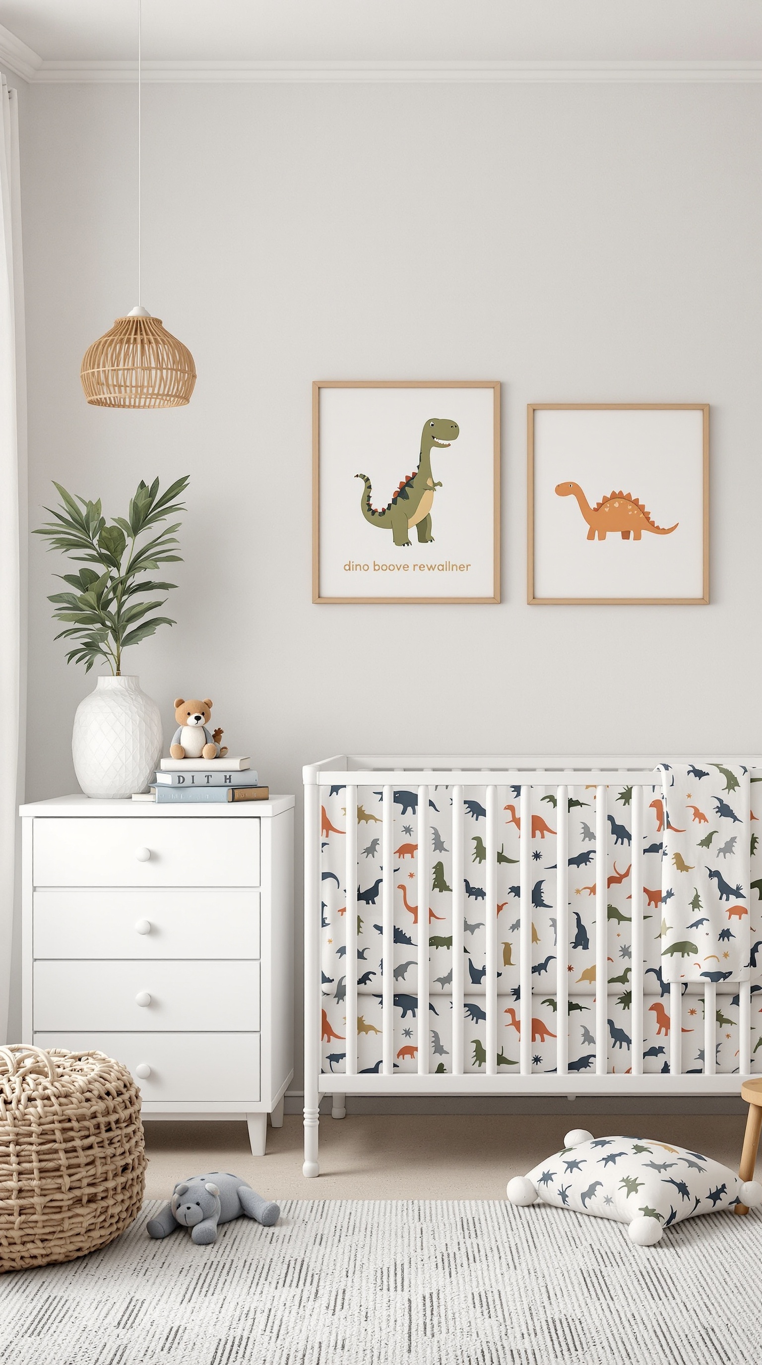 A cozy baby boy room with dinosaur-themed decor, featuring a crib, framed dinosaur prints, and playful storage solutions.