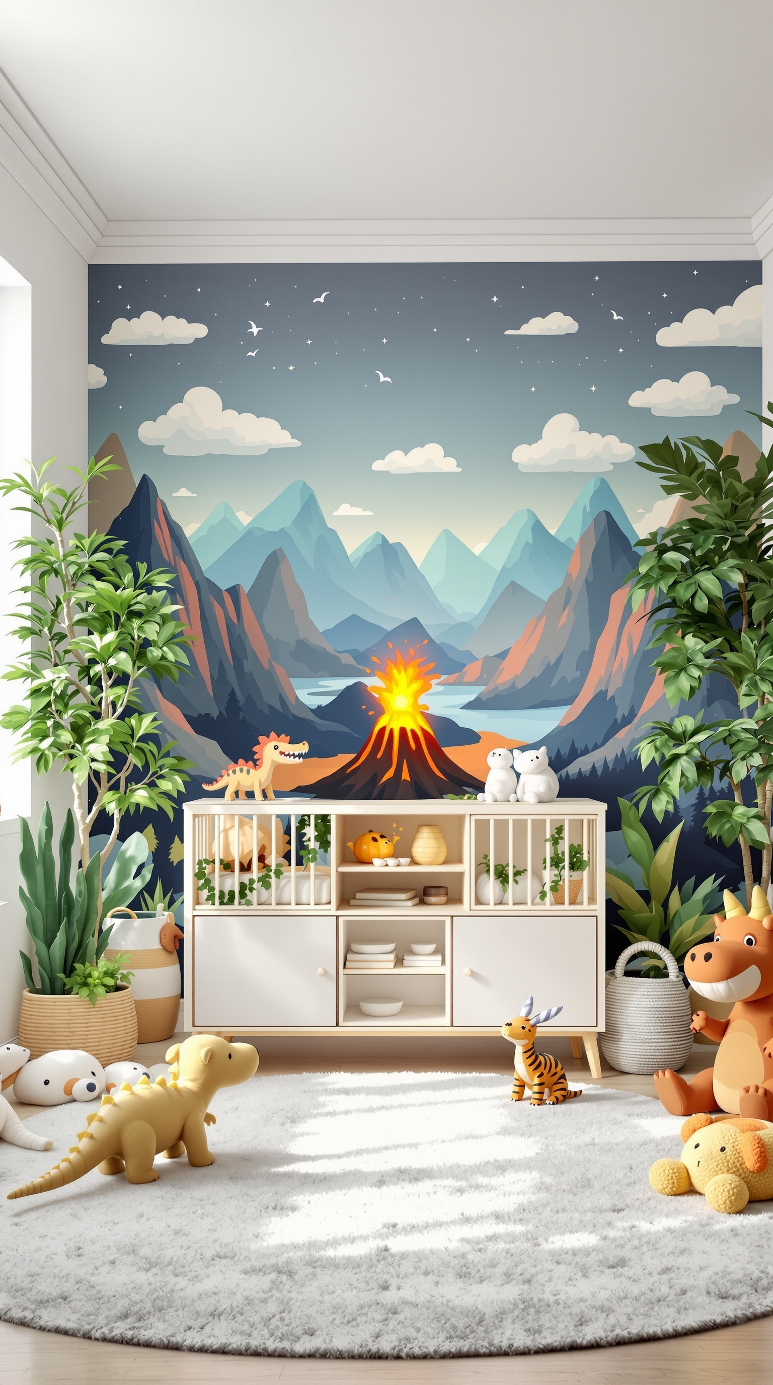 A dinosaur-themed baby room with a colorful mural, plush toys, and a cozy rug.