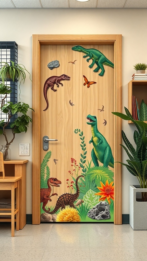 A classroom door decorated with colorful dinosaur illustrations, plants, and flowers.