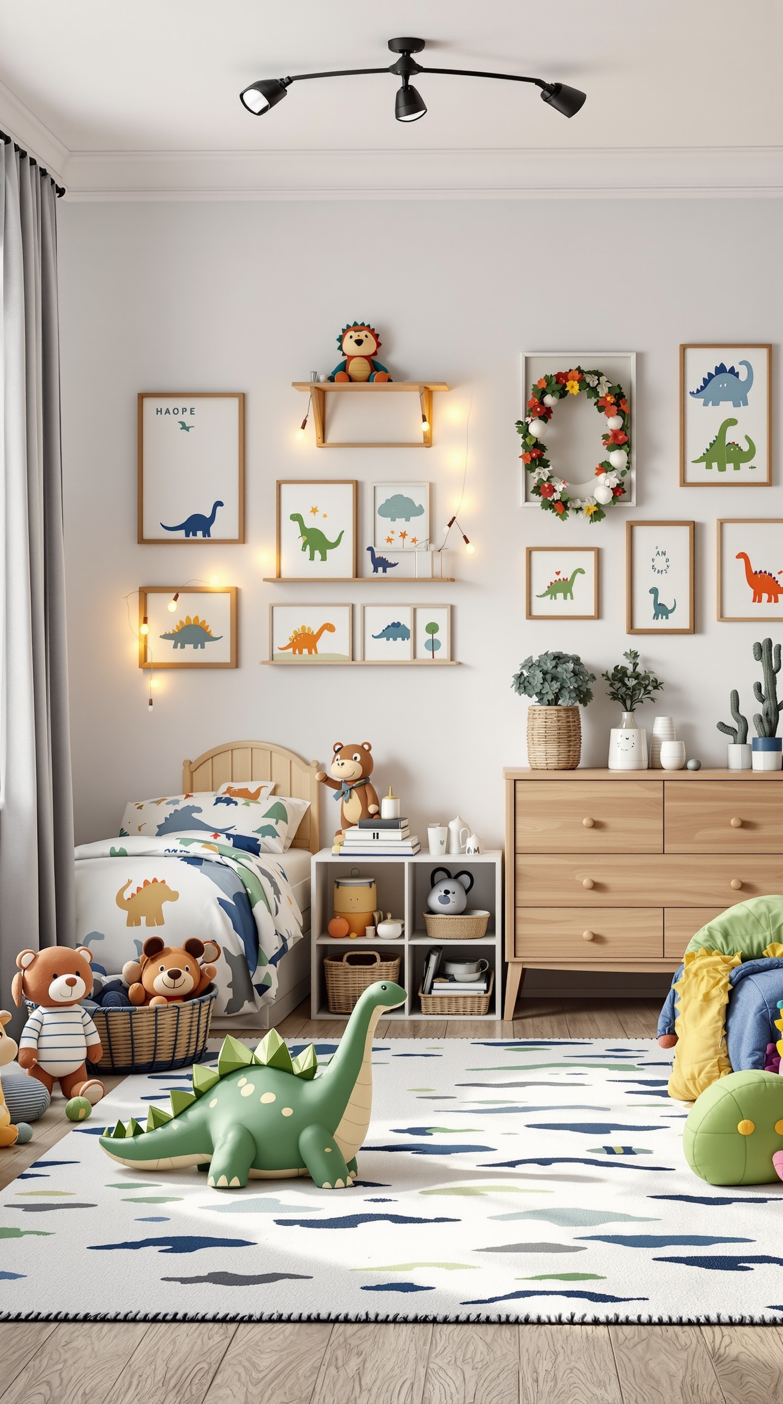 A boy's room designed with a dinosaur theme, featuring colorful bedding, wall art, and plush toys.