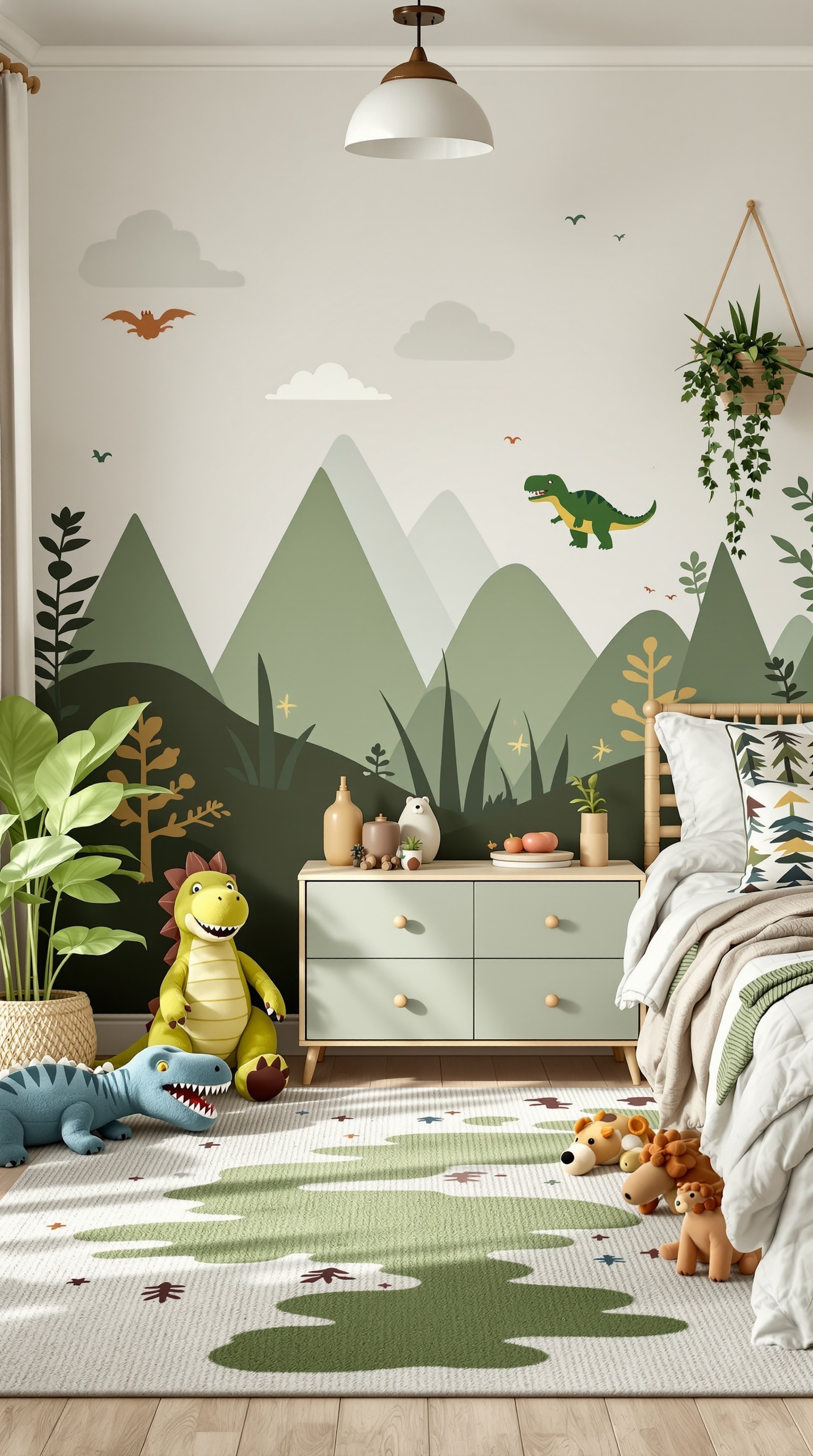 A kids' room decorated in a dinosaur theme with a mural of mountains, dinosaur toys, and a playful rug.