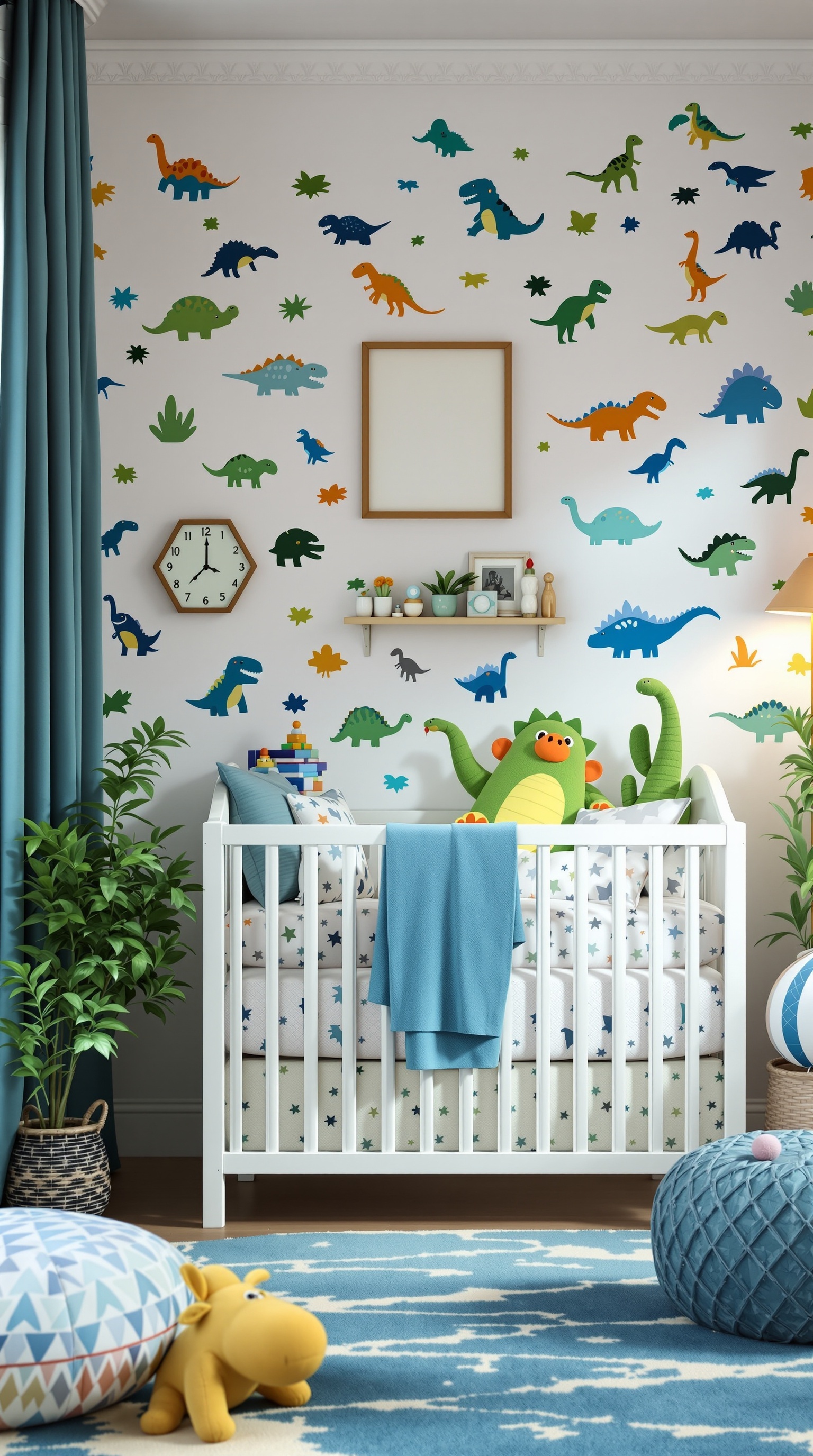 A colorful baby nursery with dinosaur wall decals, a crib with dinosaur bedding, and playful decor.