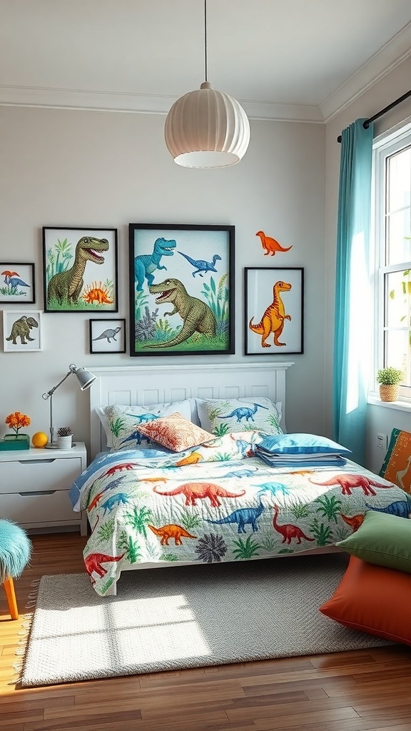 A colorful children's bedroom decorated with dinosaur-themed bedding and wall art.