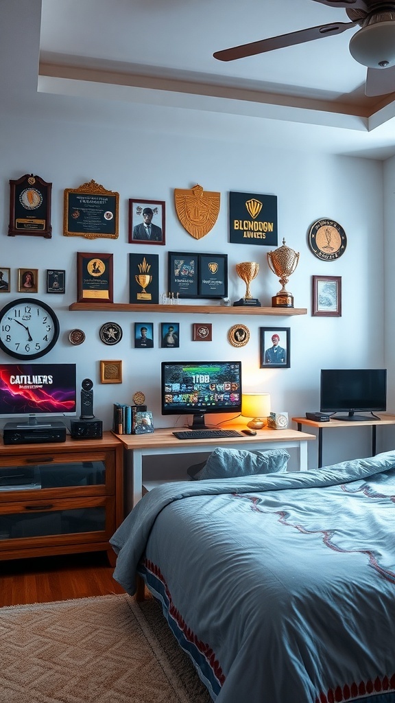 A teen boy's gamer bedroom featuring a wall of trophies and awards, showcasing gaming achievements.