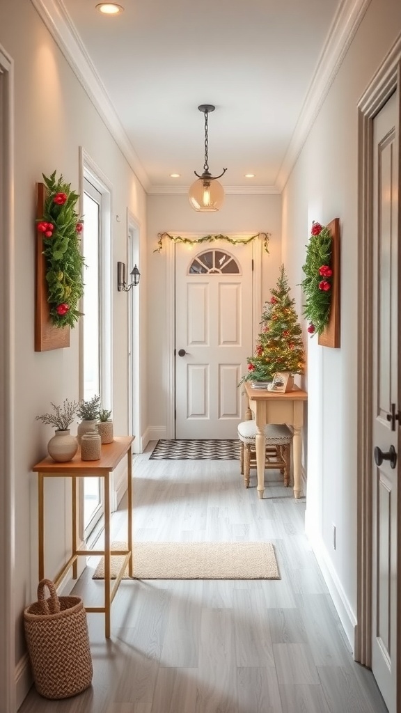 A small hallway decorated with wreaths, a small Christmas tree, and warm lighting.