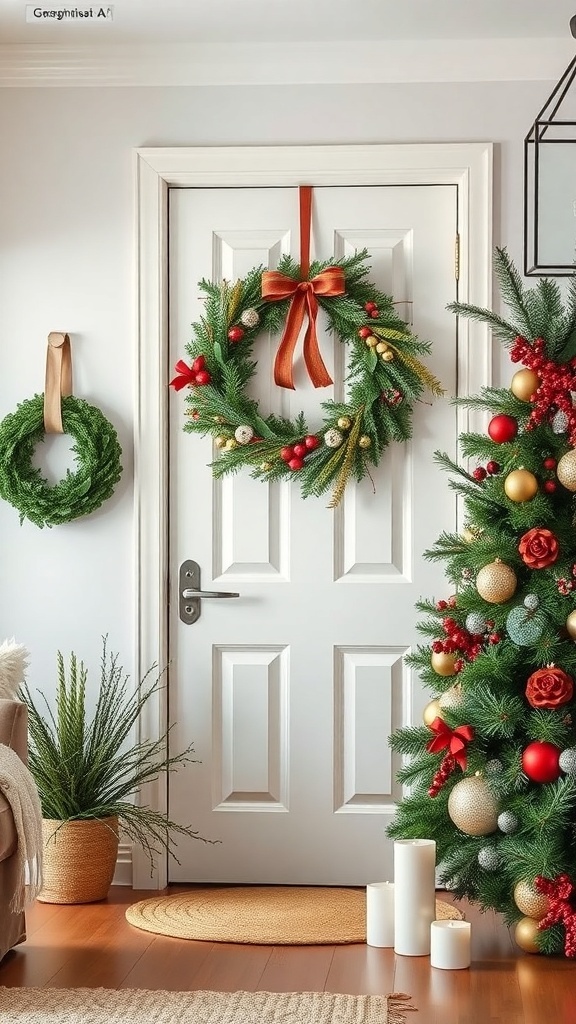 A beautifully decorated ornament wreath hanging on a door, with a Christmas tree and candles nearby.