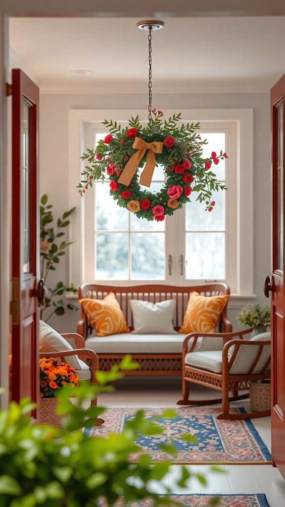 A curly deco mesh wreath hanging in a bright entryway, surrounded by cozy furniture and plants.