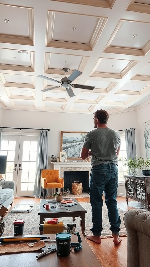 A person looking at a coffered ceiling design in a living room, surrounded by home decor materials.