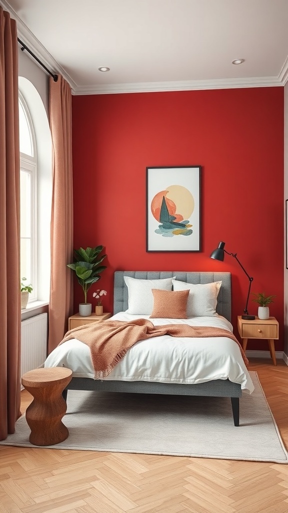 A cozy bedroom featuring a red accent wall, a neatly made bed with white linens, and decorative pillows, along with plants and artwork.