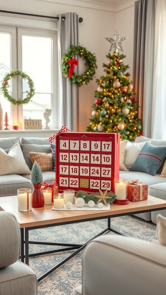 A cozy coffee table decorated for Christmas with a red Advent calendar, candles, and festive ornaments.