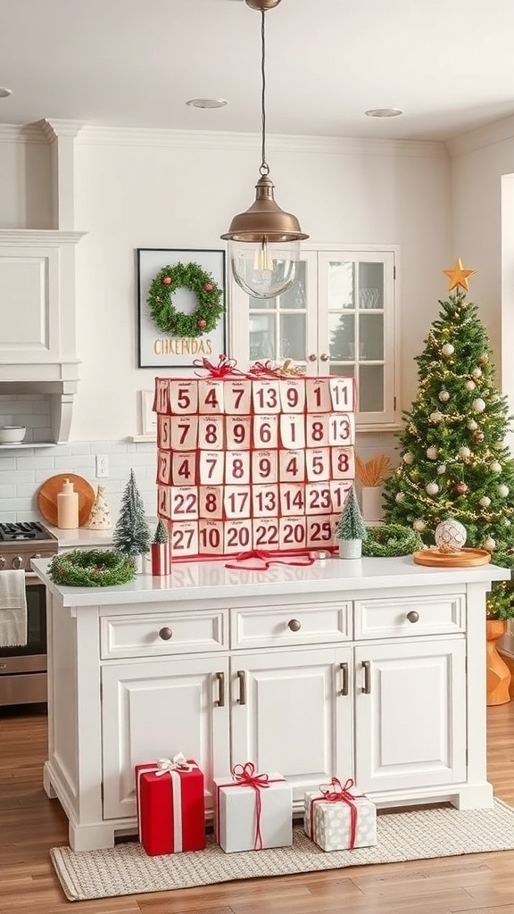 A kitchen island decorated for Christmas with a large Advent calendar and small evergreen trees.