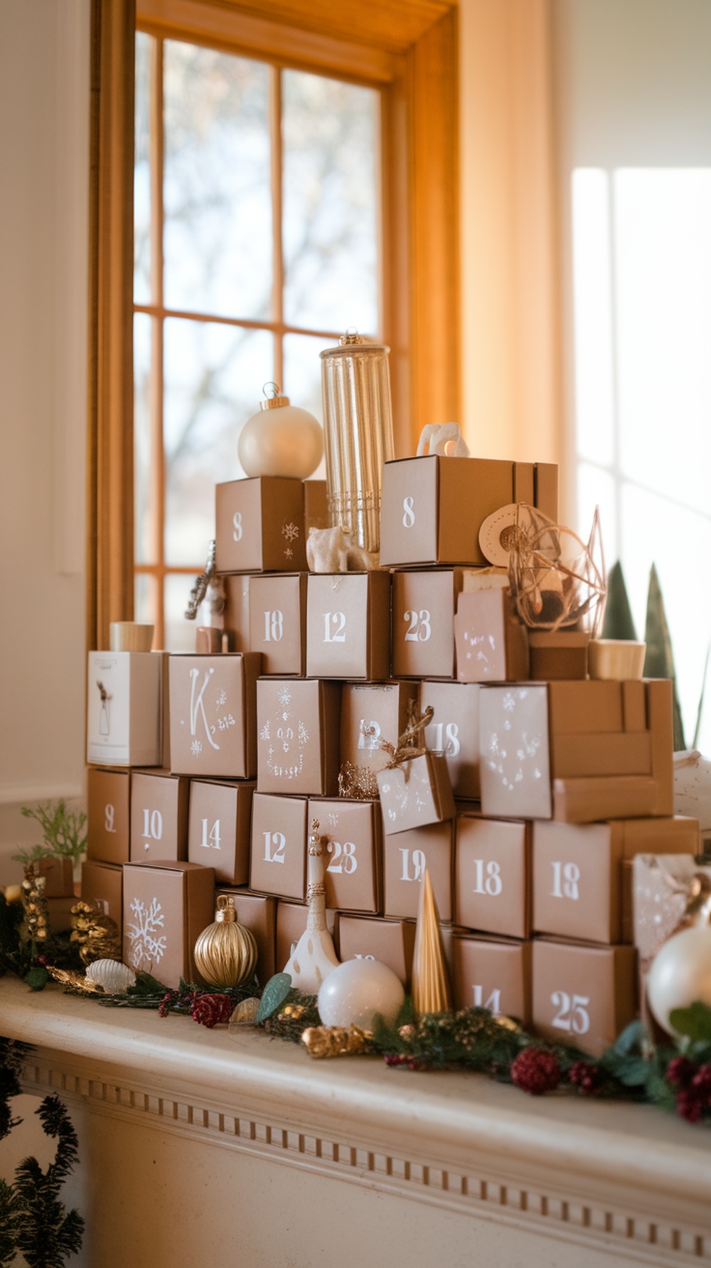 A DIY Advent calendar made of stacked brown boxes with numbers, decorated with festive ornaments and greenery.