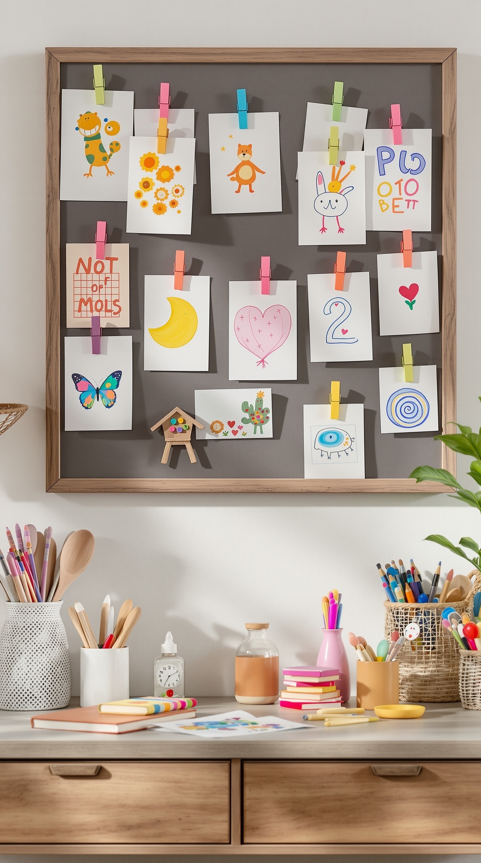 A DIY art display board showcasing children's artwork with colorful clips and art supplies on a table.
