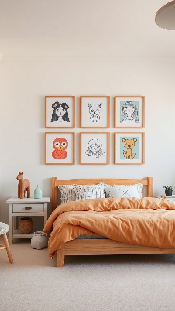 A cozy kids bedroom with a DIY art display featuring framed illustrations on the wall.