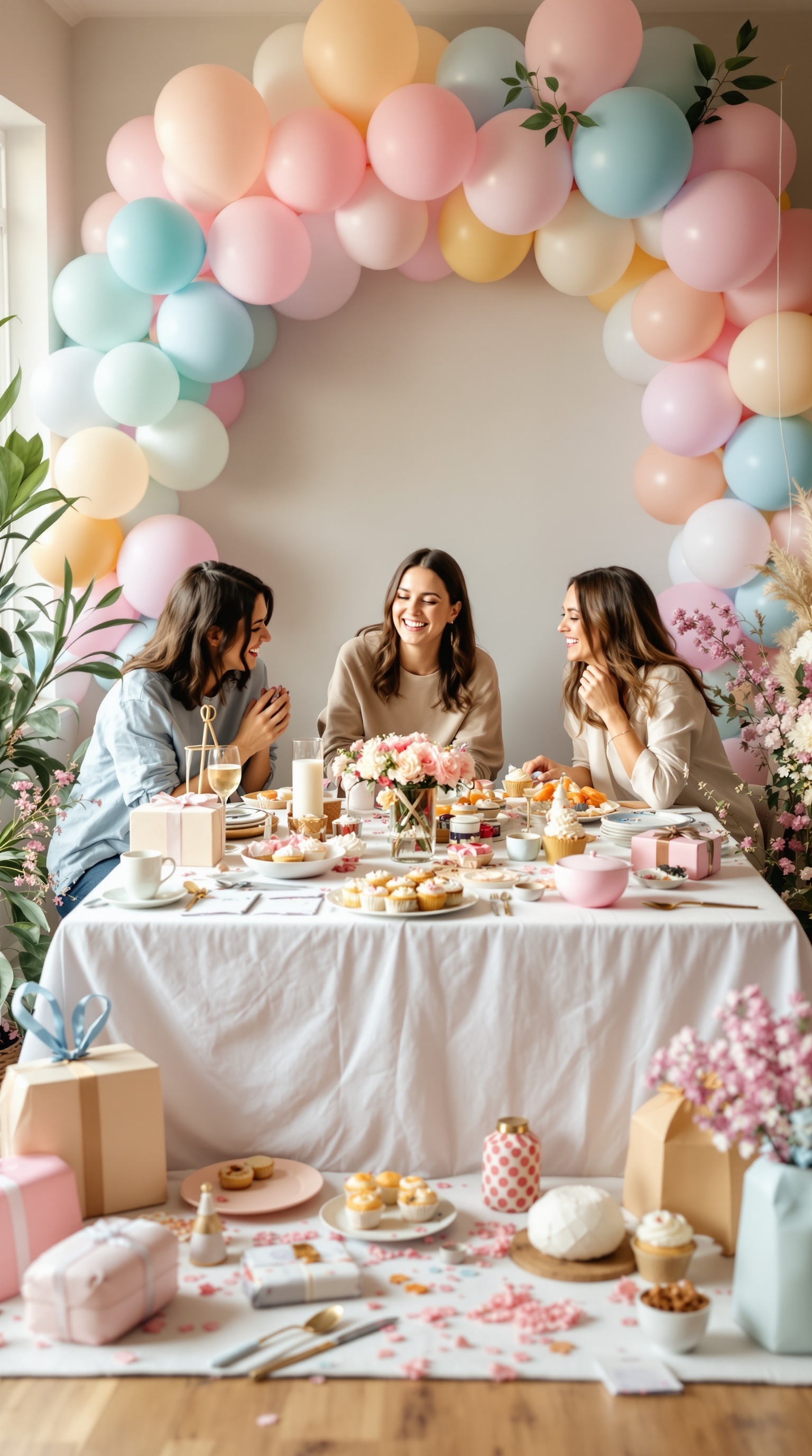 A pastel balloon arch over a beautifully set table for a baby shower, featuring friends enjoying the celebration.