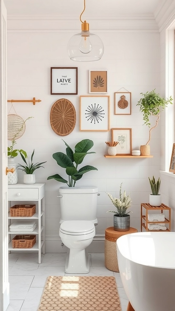 A modern bathroom with a gallery wall, plants, and stylish decor.