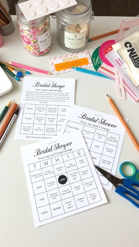 DIY bridal shower bingo cards with colorful pens and craft supplies