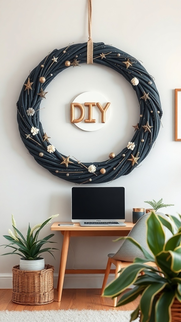 A DIY black painted wreath with gold stars and white flowers, featuring a 'DIY' sign in the center, displayed on a wall above a workspace.