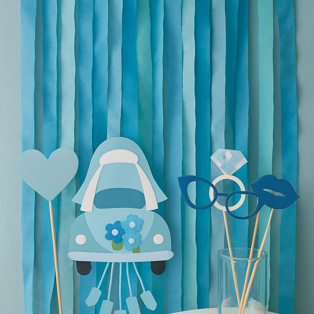 DIY blue photo booth backdrop with streamers and fun props