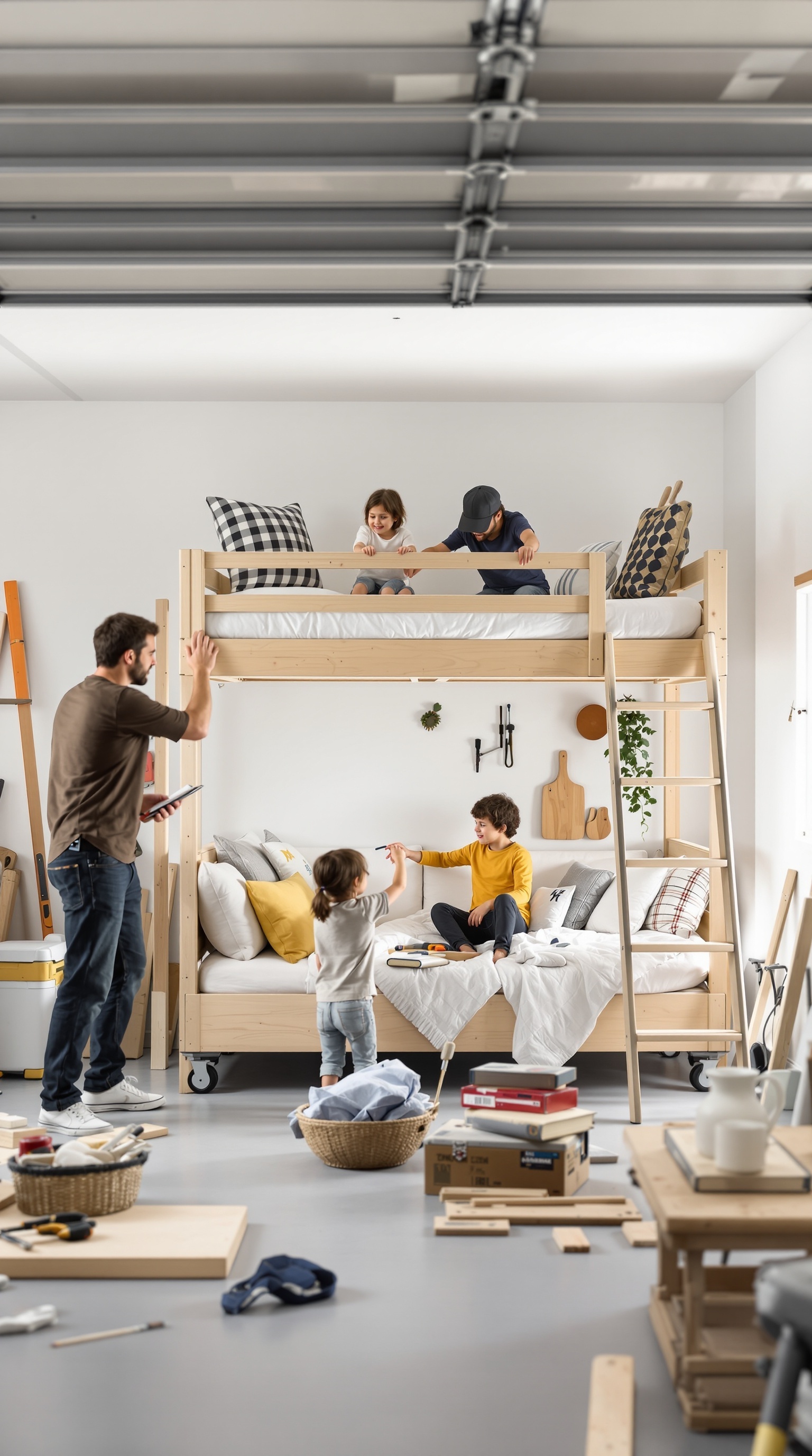 A father and his children working together on a DIY bunk bed project in a spacious room filled with tools and materials.