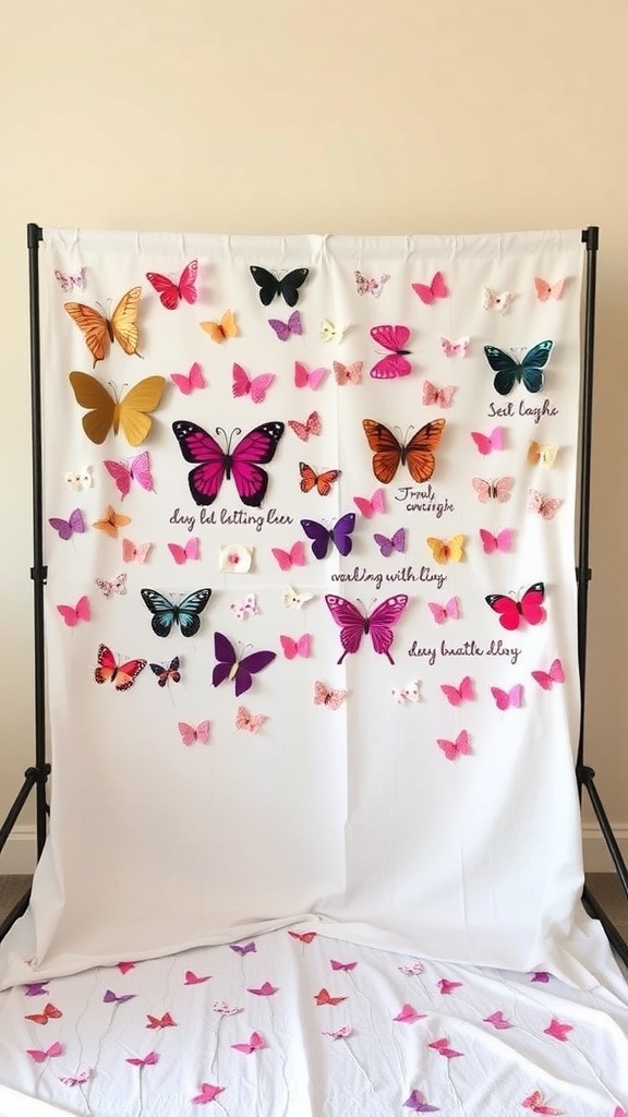 DIY butterfly photo booth setup for bridal shower with colorful butterflies on a white backdrop