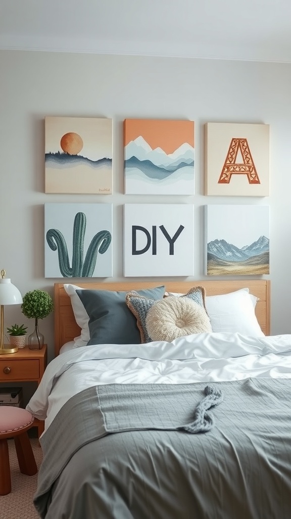 A cozy dorm room featuring DIY canvas paintings on the wall above a bed.