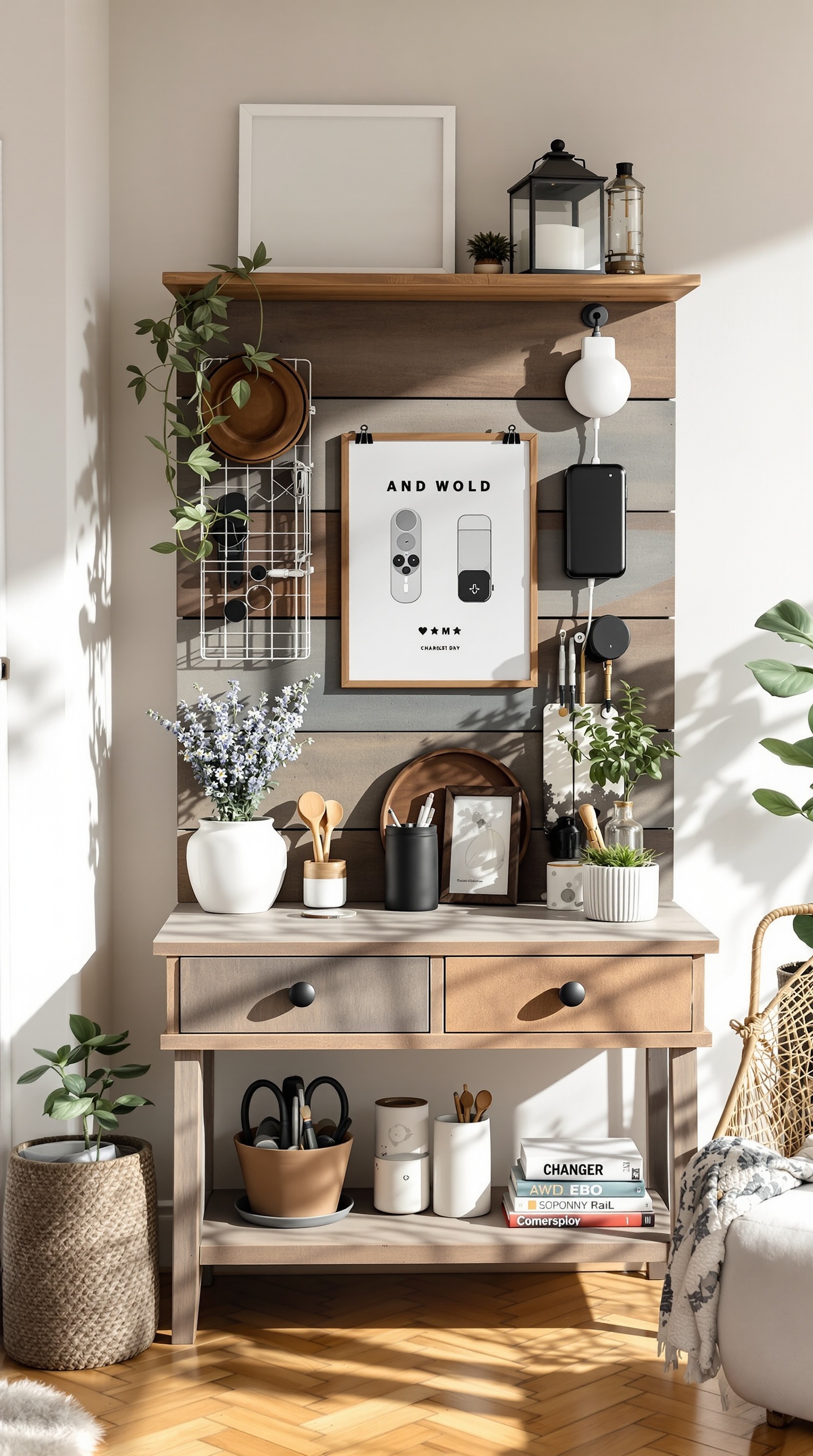 A stylish DIY charging station made from repurposed materials, featuring plants, decorative items, and organized charging cables.
