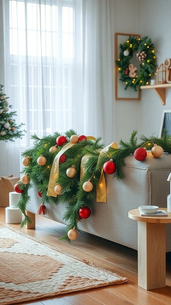 A cozy couch decorated with a DIY Christmas garland featuring green foliage, red and gold ornaments, and ribbons.