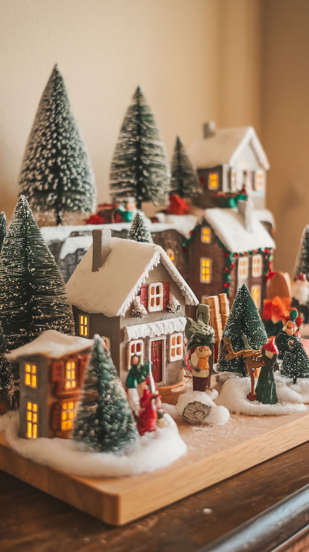A cozy Christmas village display with miniature houses, trees, and festive characters.
