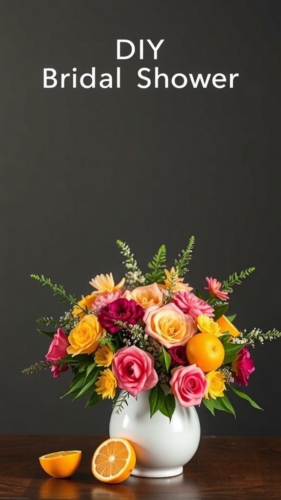 Vibrant floral arrangement with roses, daisies, and oranges in a white vase